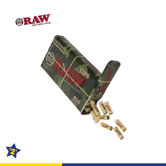 RAW CAMO PRE-ROLLED TIPS IN TIN 100CT/6TIN - LIMITED EDITION