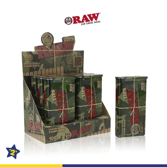 RAW CAMO PRE-ROLLED TIPS IN TIN 100CT/6TIN - LIMITED EDITION